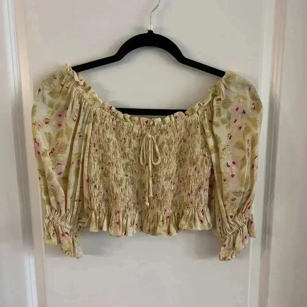 1112 NWT Faithful The Brand Isadora Puff Sleeve Crop Top Size US 2
